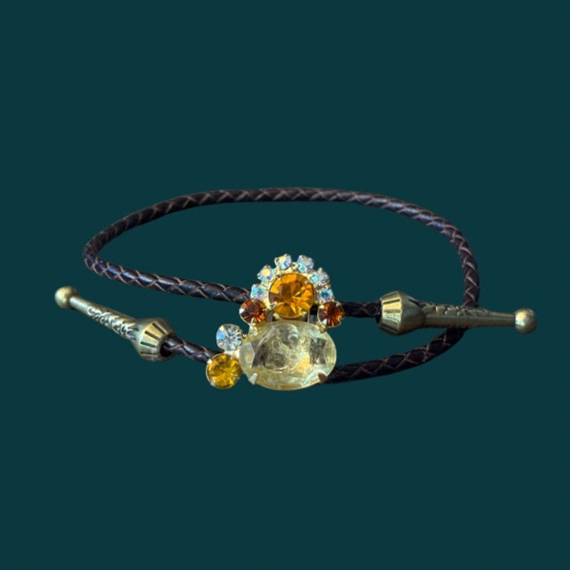 Upcycled Vintage Abstract Mock Yellow Orange Topaz Rhinestone Cluster Bolo Bracelet