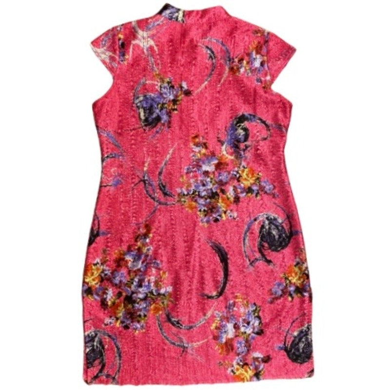 Vintage Hot Pink Chinese Silk du Jin Floral Qipao Mini-Dress (L)