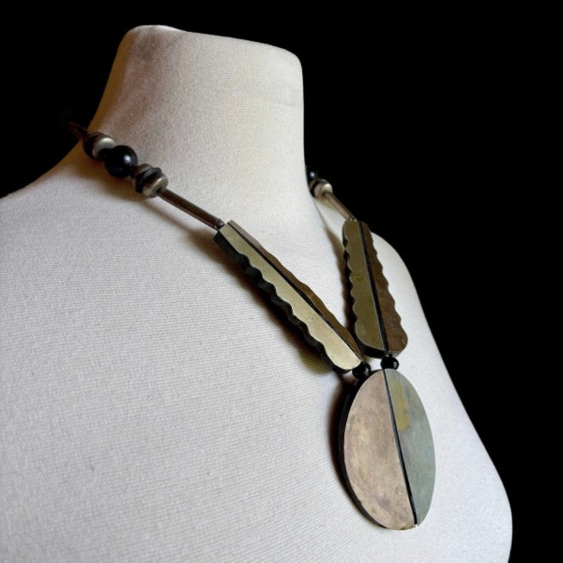 Vintage Black, Bronze & Silver Beaded Mixed Metal & Wood Disc Pendant Necklace