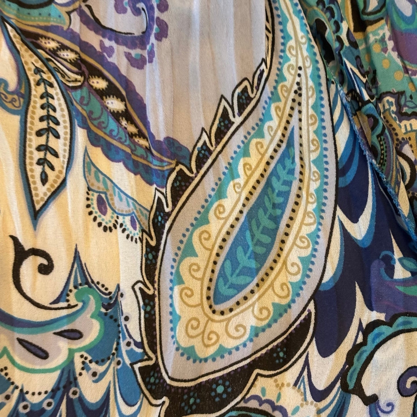 Y2K Sheer Blue Paisley Ruffle Collar Short Sleeve Wrap Top (L)