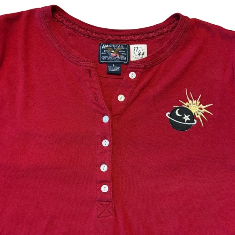 Vintage Embroidered Star Planet Patch Wine Red 1/4 Button Down Cotton Short Sleeve Shirt (L)