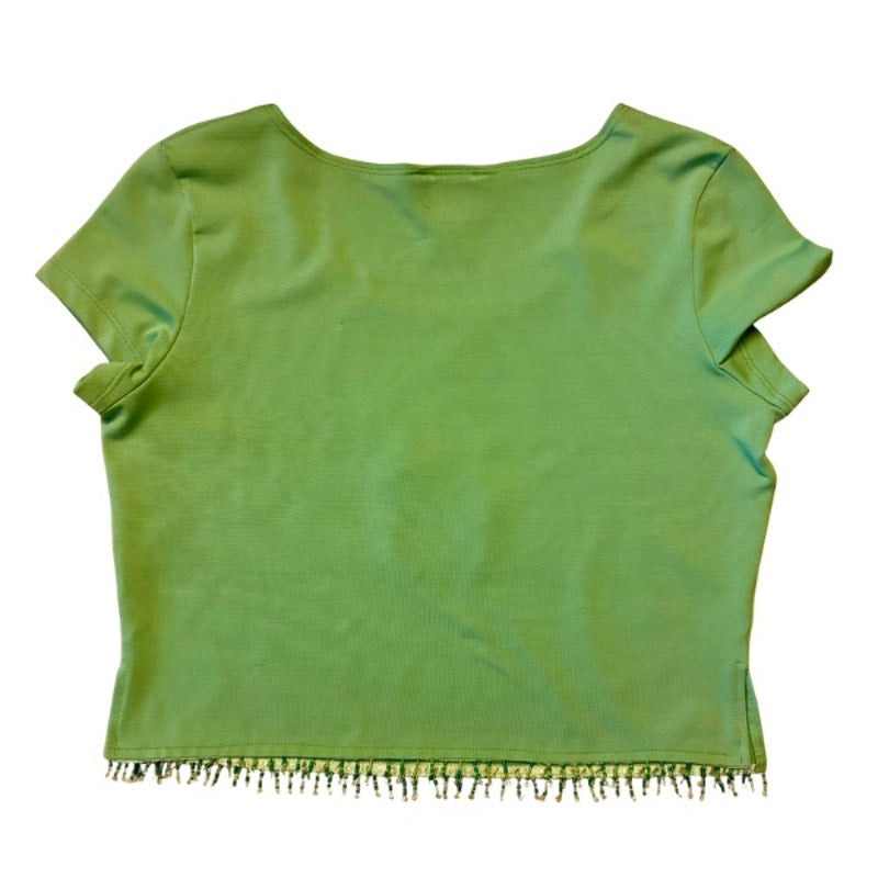 Vintage Embroidered Pink & Green Hummingbird Patch Beaded Fringe Hem Crop Top (Large)