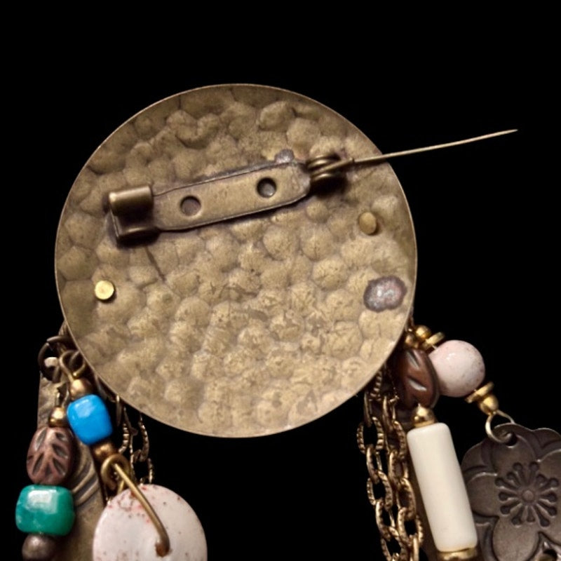 Rare Vintage Artisan Sun God Talisman Brass Beaded Chain Brooch
