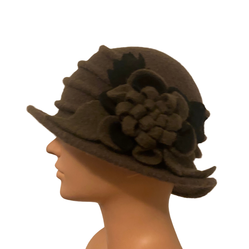 🔔 1920’s Style Wool Army Green/Black Flower Cloche Hat (57 cm)