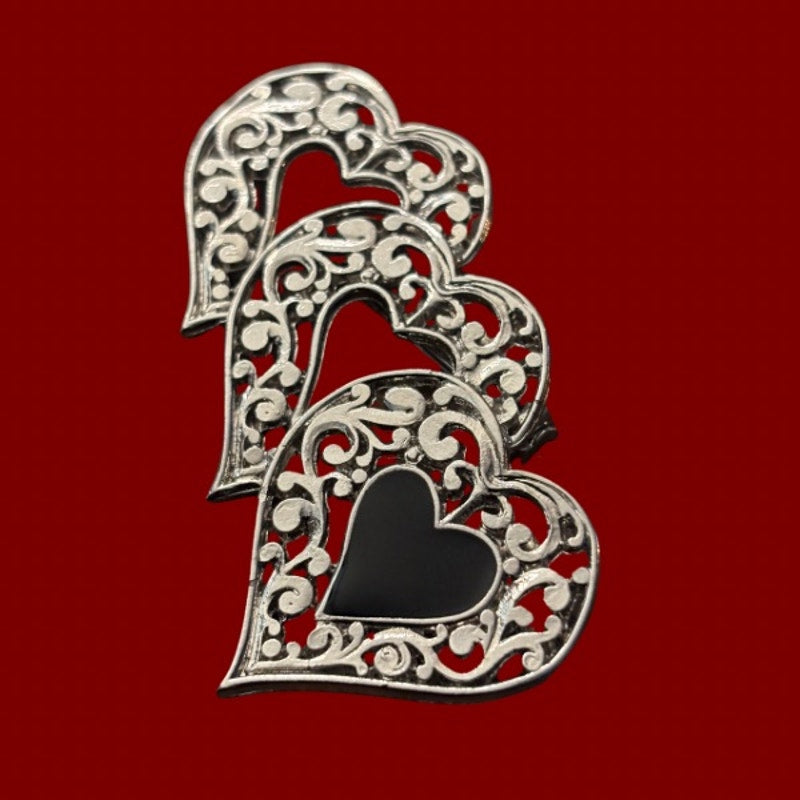 Vintage Silver and Black Scrollwork Filigree Triple Heart Brooch