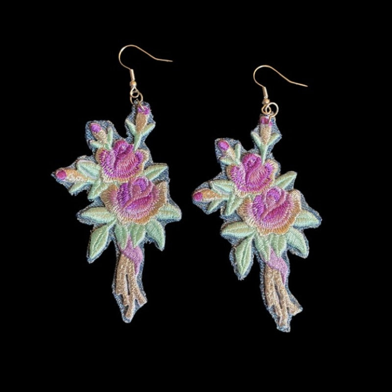 Vintage Purple/Silver Rose Bouquet Embroidered Patch + Denim Earrings