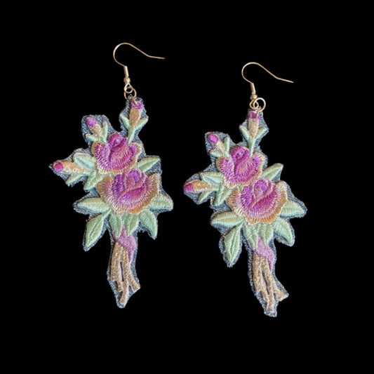 Vintage Purple/Silver Rose Bouquet Embroidered Patch + Denim Earrings