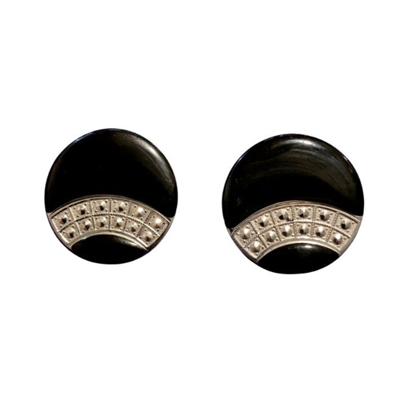 Vintage Art Deco Black and Silver Enamel  Disc Earrings