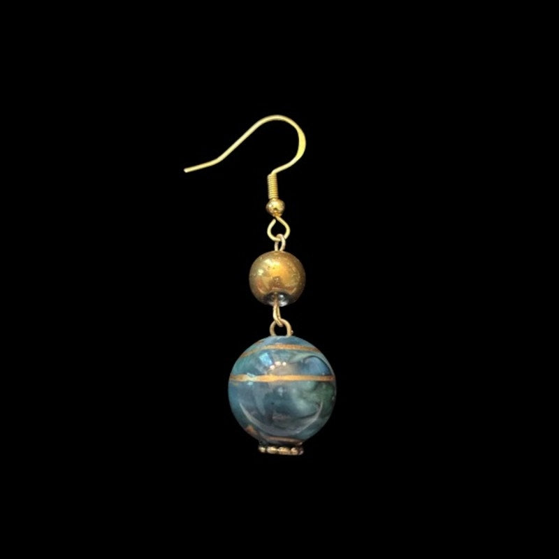 Baroque-inspired Gold and Marbled Green Beaded Drop Earrings