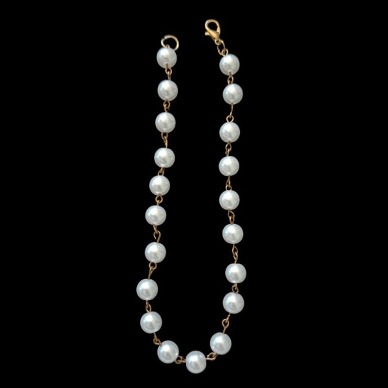 Bronzed Gold & White Pearl Beaded Chain Anklet (XL)