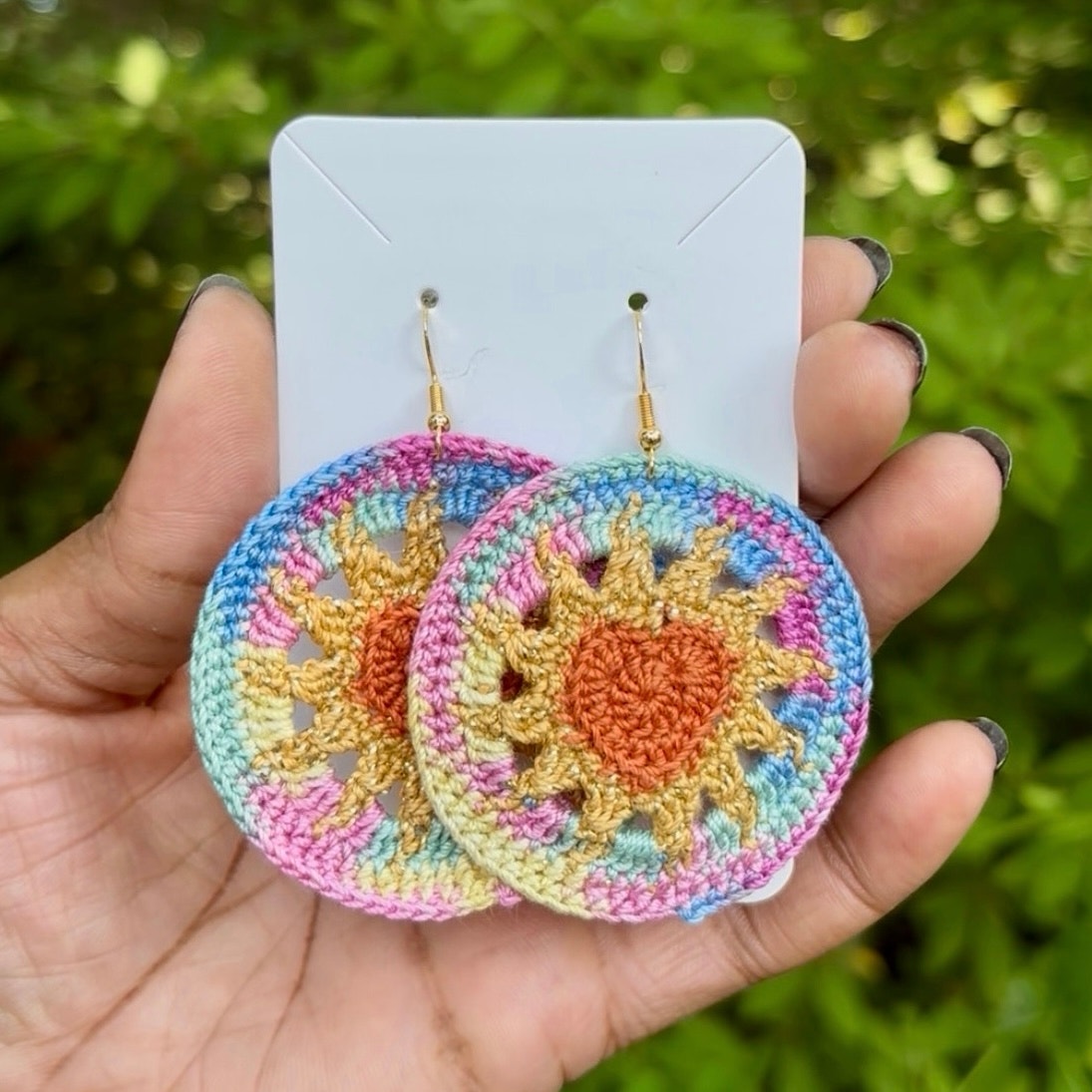 Orange, Gold, & Rainbow Hearts on Fire Micro-crocheted Disc Earrings