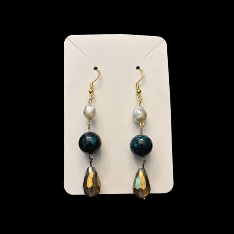 Baroque-inspired Faux Pearl, Forest Green, Gold Prism Droplet Beaded Drop Earrings