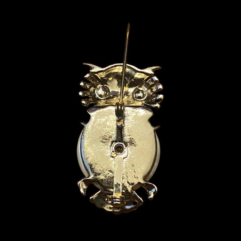 Vintage Pearly White  “Jelly Belly” Gold Toned Green-Eyed Owl Brooch