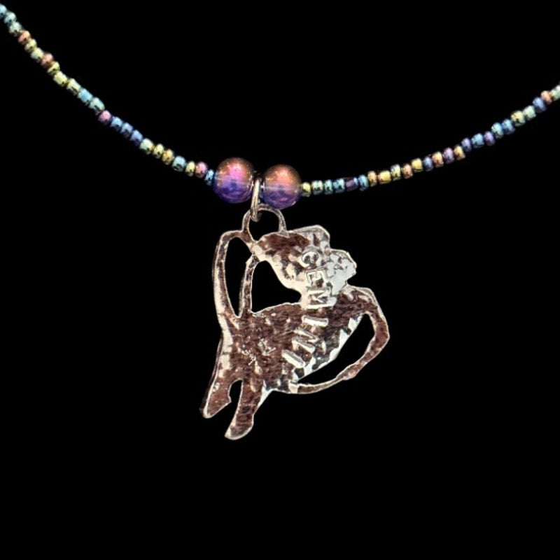OOAK Metallic Purple/Blue/Green Beaded Silver Gemini Pendant Necklace