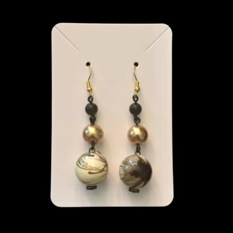 Baroque-Inspired Black, Gold & White Marbled Beaded Drop Earrings