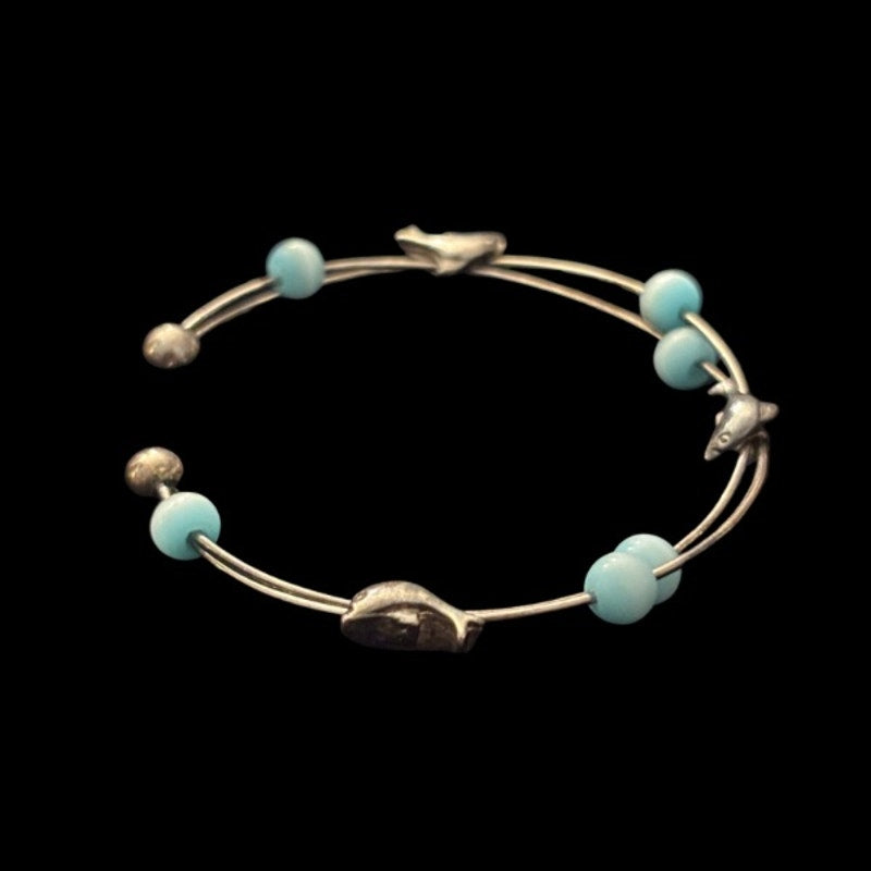 Vintage Silver Dolphin & Aquamarine Bead Wire Cuff Bracelet