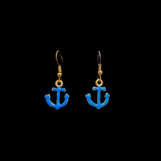 Dainty Cobalt Blue & Yellow Gold  Ship Anchor Earrings