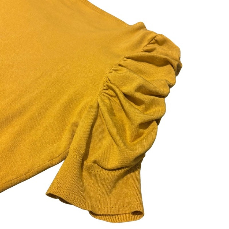 Mustard Yellow Beaded Flower Ruched Half Sleeve Cardigan (Large)