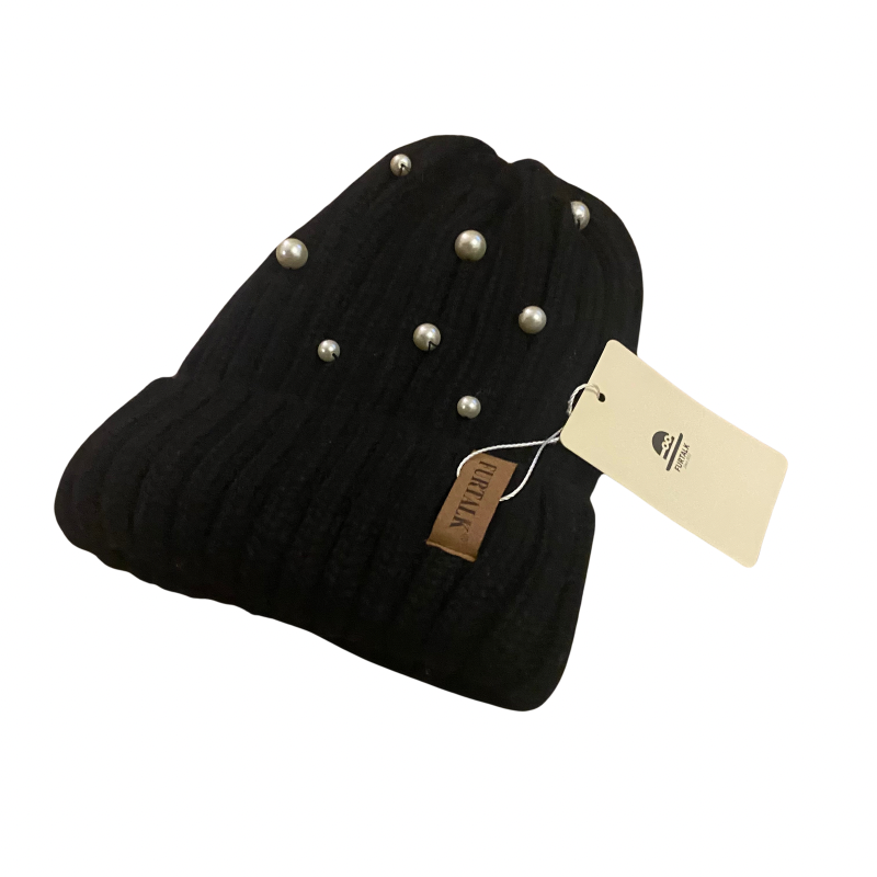 🔔 Upcycled Pearl-Studded Black Knit Beanie