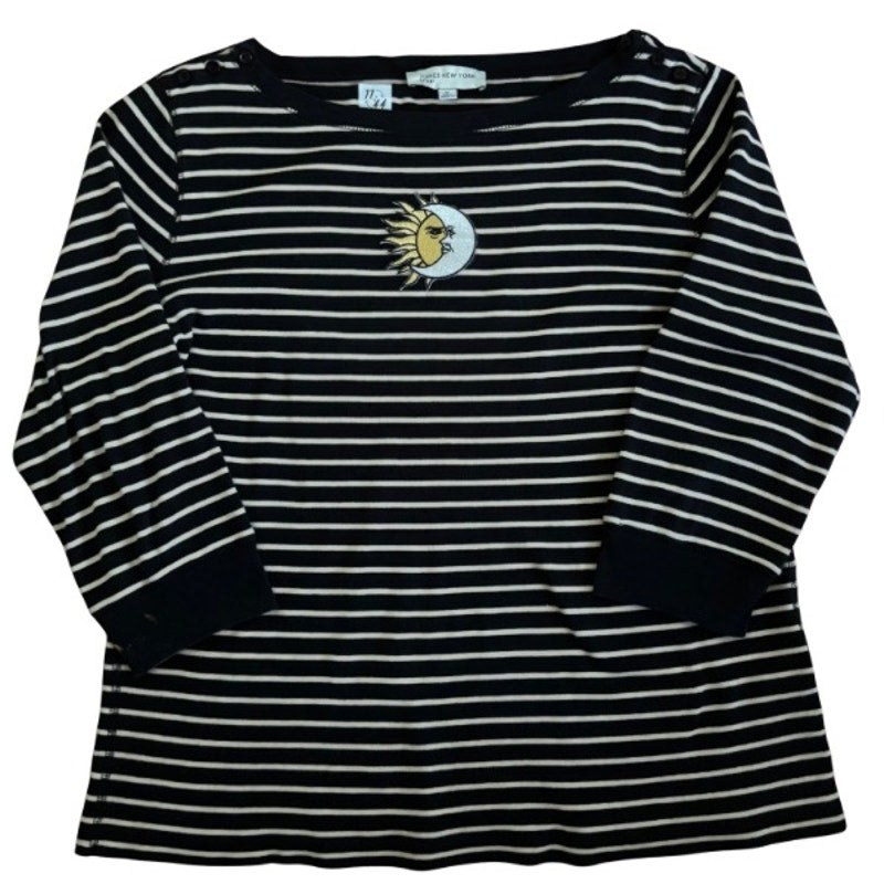 Vintage Sun and Moon Patch Black and Beige Striped 3/4 Sleeve Boat Neck Knit Top (XL)