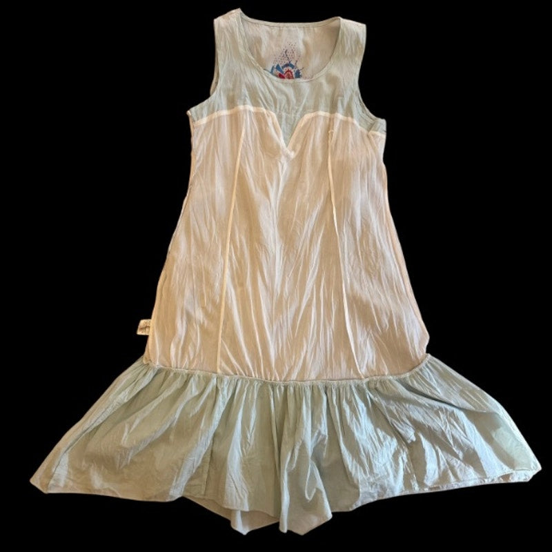C’est Fait Pour Vous Y2K Light Blue and White Pinstriped Drop Waist Handkerchief Hem Fairy Dress (S/M)