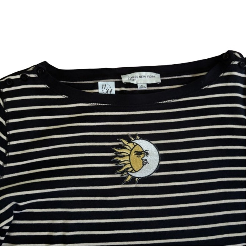 Vintage Sun and Moon Patch Black and Beige Striped 3/4 Sleeve Boat Neck Knit Top (XL)