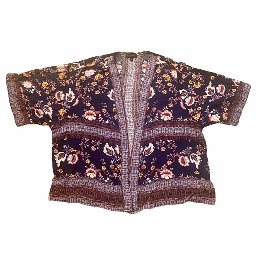 Navy Blue Floral Open Front Rayon Kimono-Inspired Cardigan (L)