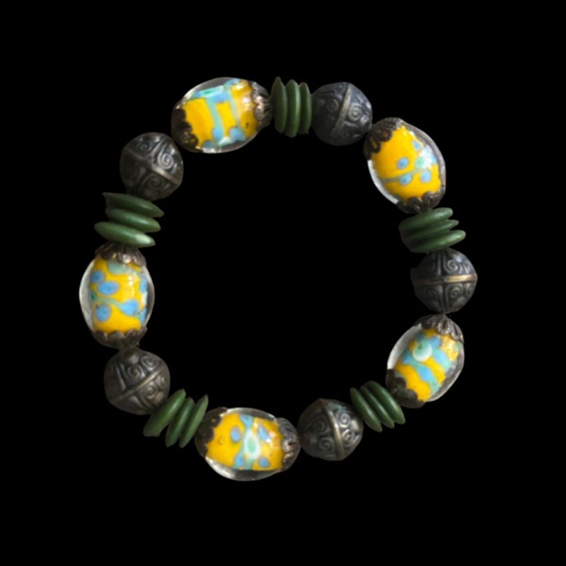 Vintage Yellow & Blue Murano Glass & Forest Green Bead Stretch Bracelet
