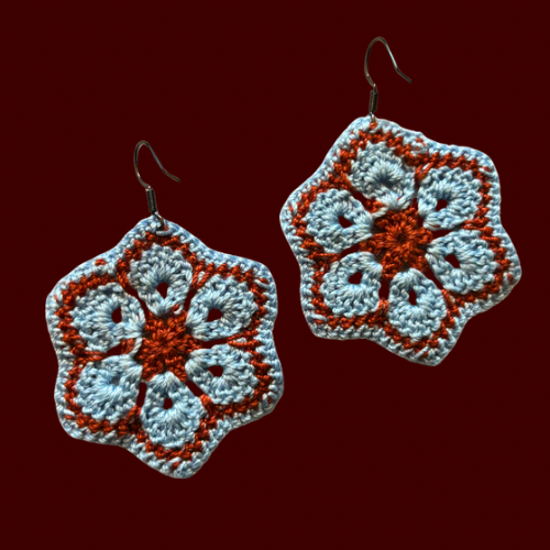Icy Blue & Burnt Orange Micro-crocheted Cotton Flower Earrings