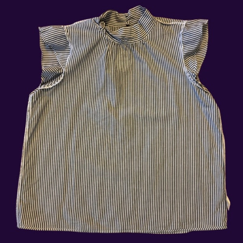 Vintage Cat Patch Flutter Cap-Sleeve Mock Neck Striped Blue and White Pussy Bow Cotton Top (L)