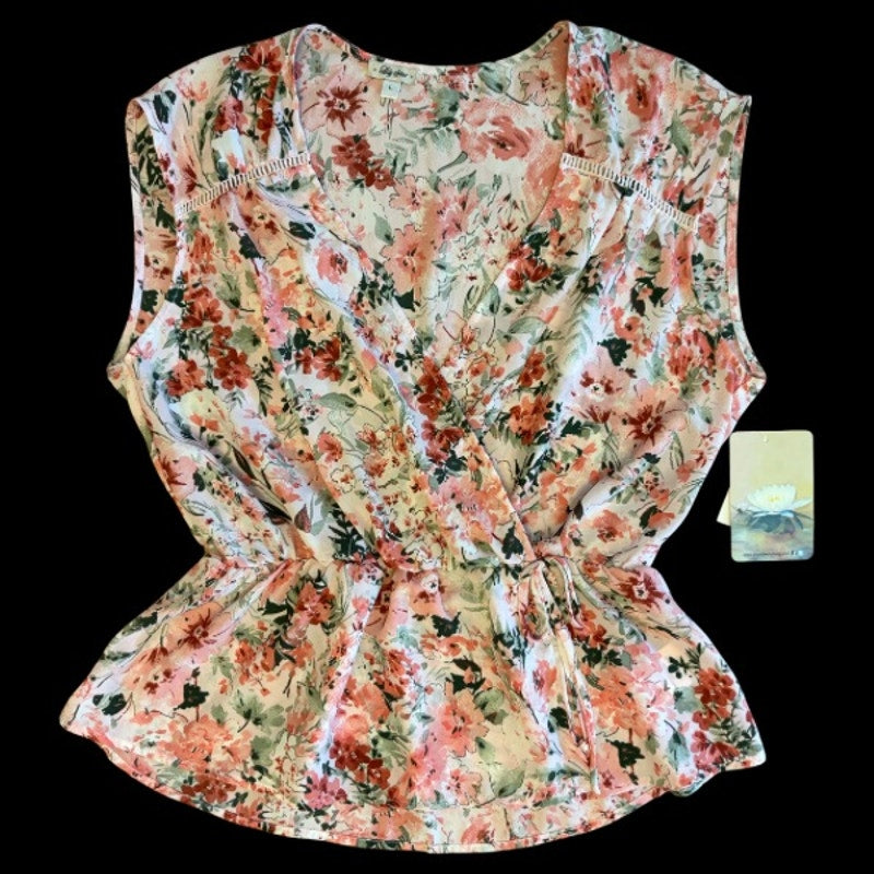 NWT Pink & Green Watercolor Floral Sleeveless Wrap Blouse (Large)