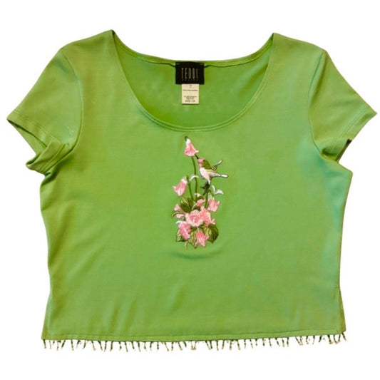 Vintage Embroidered Pink & Green Hummingbird Patch Beaded Fringe Hem Crop Top (Large)