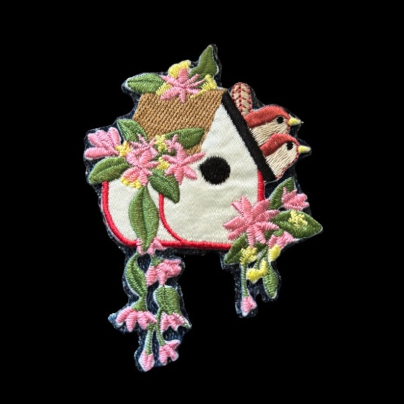 Pink Flower Birdhouse with Peeking Lovebirds Vintage Embroidered Patch Pin