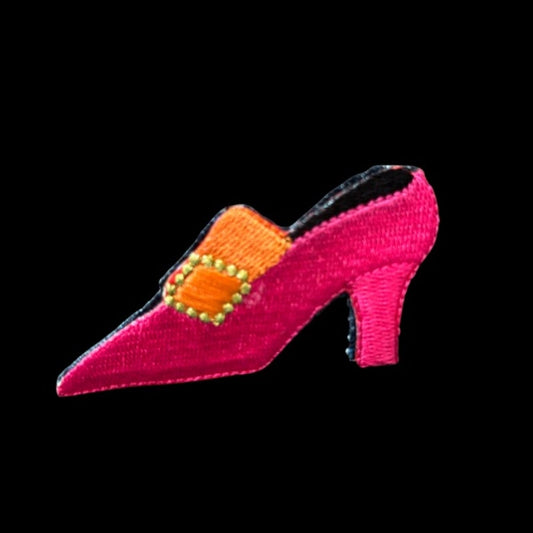 Hot Pink & Orange Buckle French Court Shoe Heel Vintage Embroidered Patch Pin