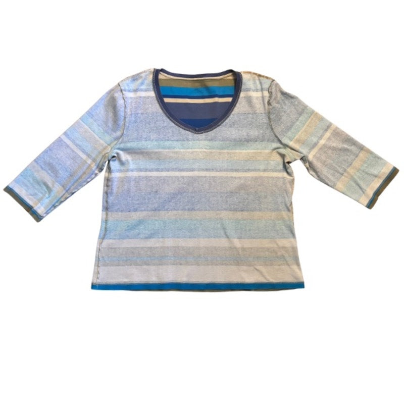 Vintage Sun and Moon Patch Blue/Green Striped 3/4 Sleeve Cotton V-Neck Top (L-XL)