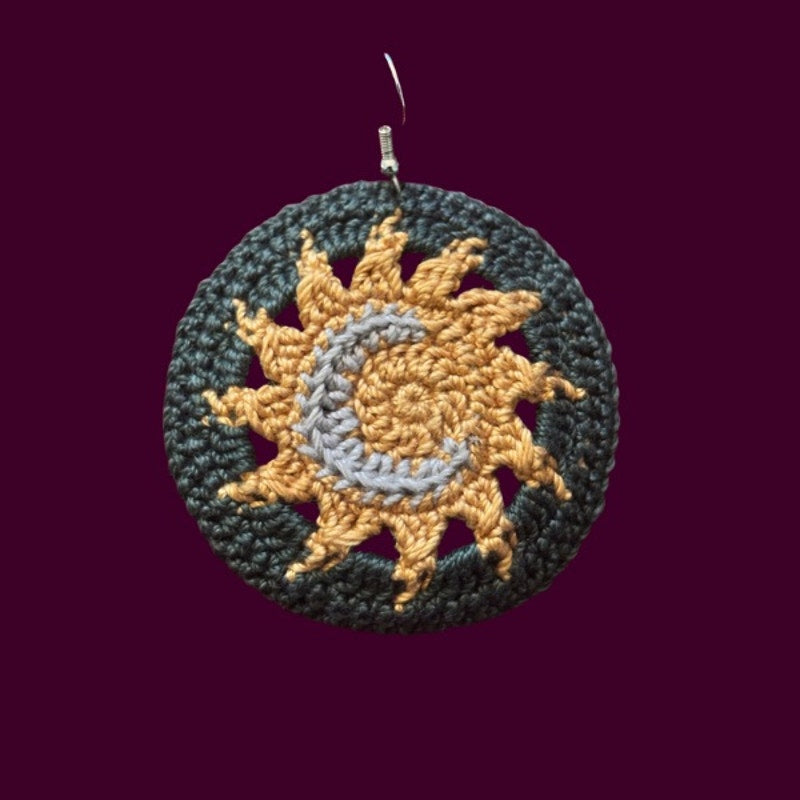 Forest Green Sun and Moon Micro-crocheted Disc Earrings | Made by Maya