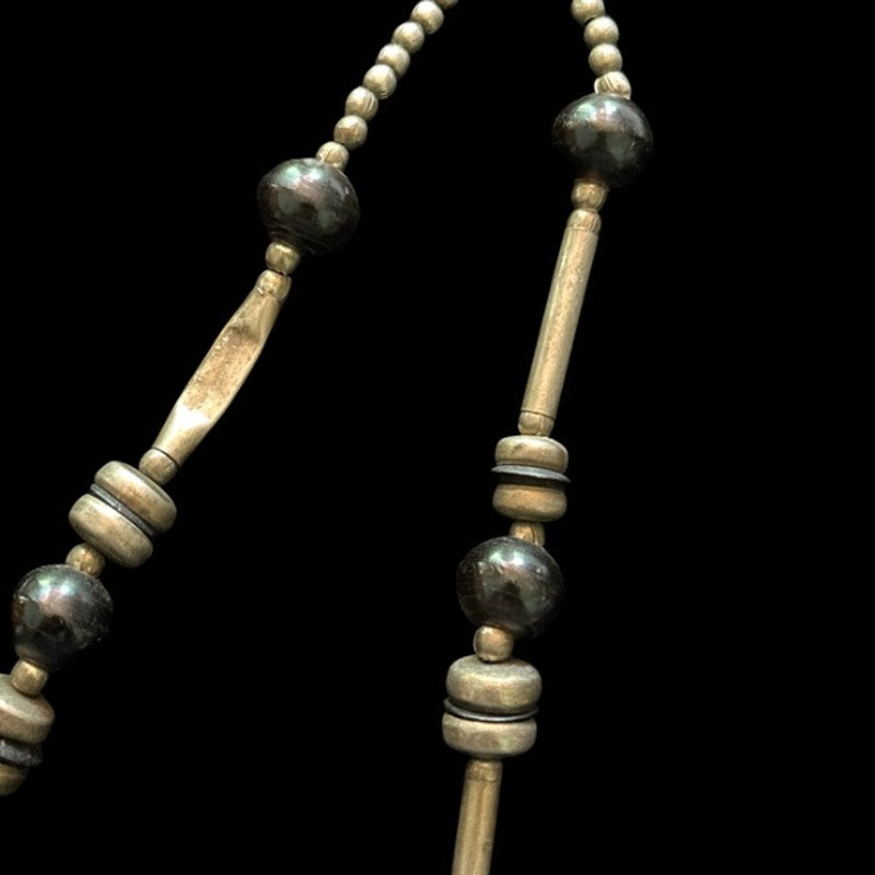 Vintage Black, Bronze & Silver Beaded Mixed Metal & Wood Disc Pendant Necklace