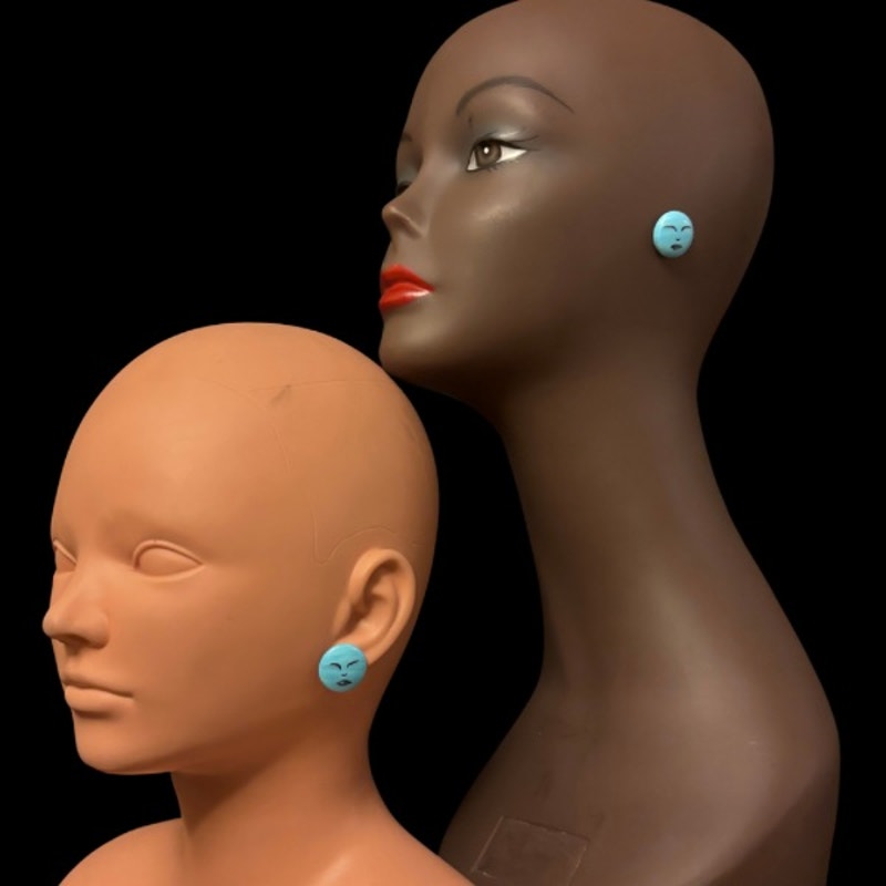 Handpainted Vintage Blue Moon Face Stud Earrings