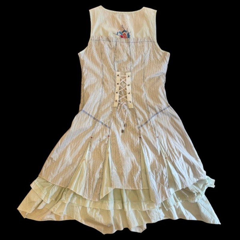 C’est Fait Pour Vous Y2K Light Blue and White Pinstriped Drop Waist Handkerchief Hem Fairy Dress (S/M)