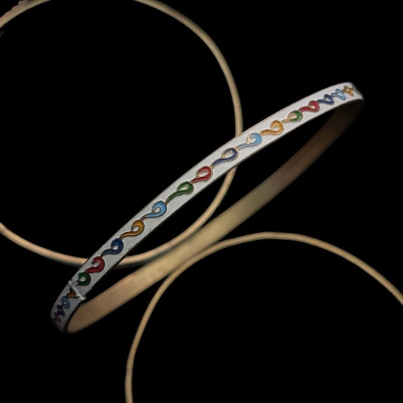White/Rainbow Scroll Vintage Cloisonné Brass & Enamel Bangle (Medium)