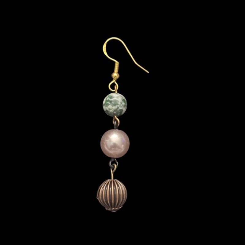 Baroque-inspired Marbled Green, Rose Gold Pearl, & Bronze Beaded Drop Earrings