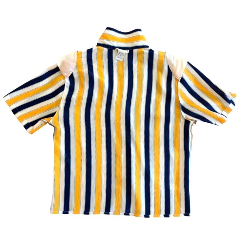 Vintage Textured Satin Yellow, White, & Blue Striped Short Sleeve Shirt (M/L)