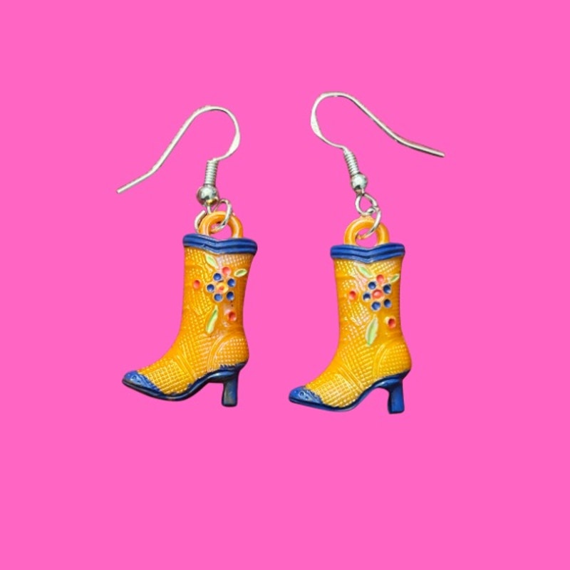 Orange/Blue Handpainted Y2K Floral Cowgirl Boot Charm Earrings