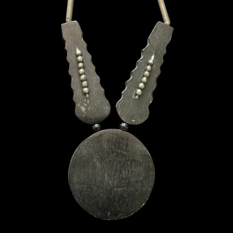 Vintage Black, Bronze & Silver Beaded Mixed Metal & Wood Disc Pendant Necklace