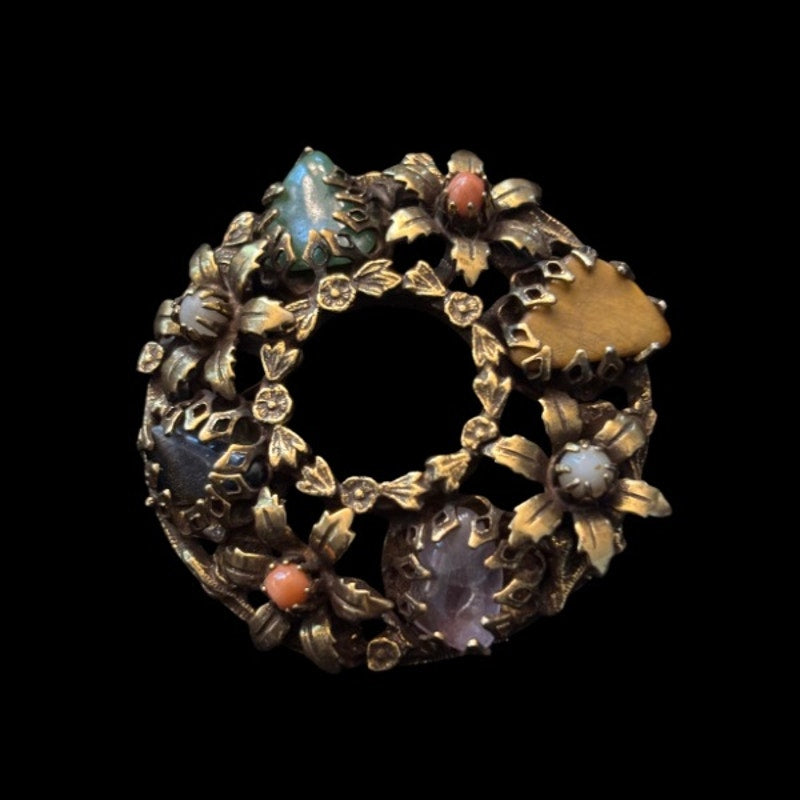 Vintage Black Onyx/ Amethyst/ Jade/ Light Blue Chalcedony/ Yellow Jasper Brass Floral Wreath Brooch