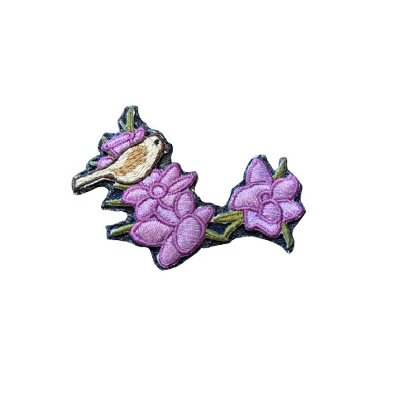 Bird and Purple Flowers Vintage Embroidered Patch Pin
