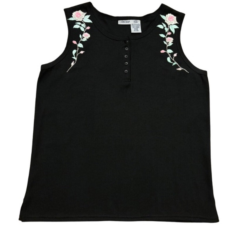 Vintage Metallic Silver Pink Rose Stem Patch Black Ribbed Quarter Button Down Sleeveless Shirt (Large)