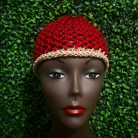 Cherry Red/ Tan Knit Mesh Skull Cap/ Beanie (M/L)