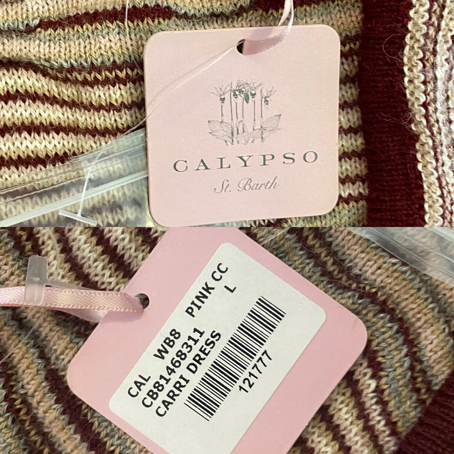 NWT V-Neck Pink/ Burgundy/ Cream/ Striped Baby Alpaca Wool Knit Ruffle Hem Dress (M)