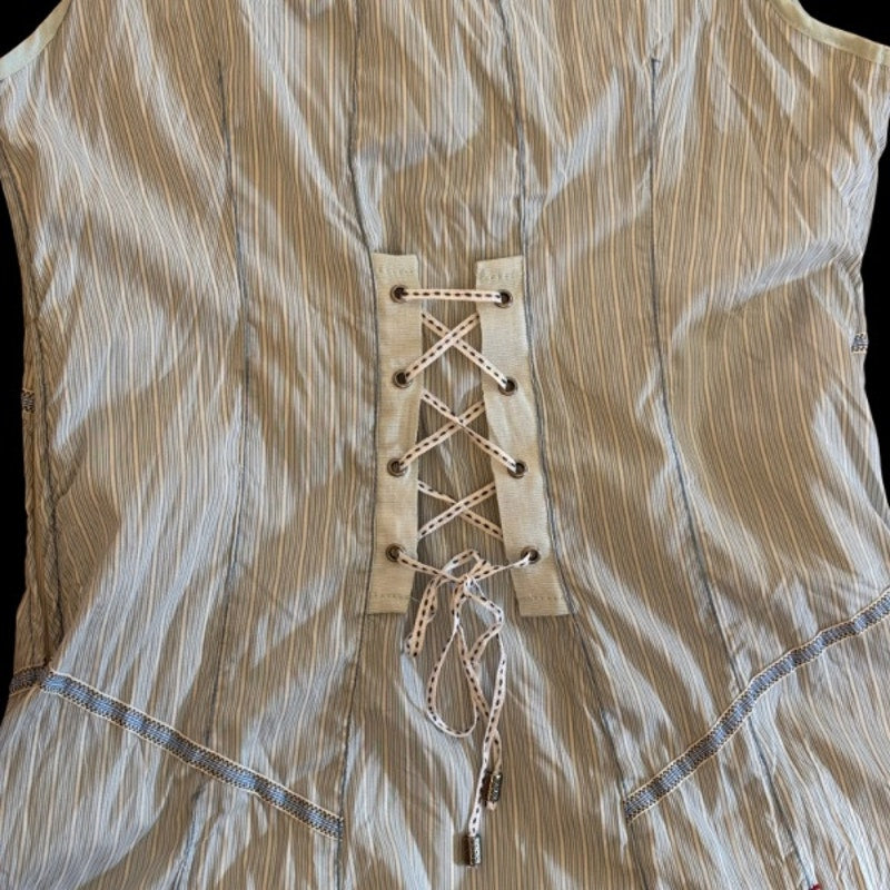 C’est Fait Pour Vous Y2K Light Blue and White Pinstriped Drop Waist Handkerchief Hem Fairy Dress (S/M)